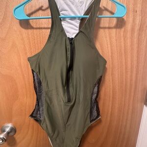 Zaful Olive One-Piece Swimsuit with Mesh Accents